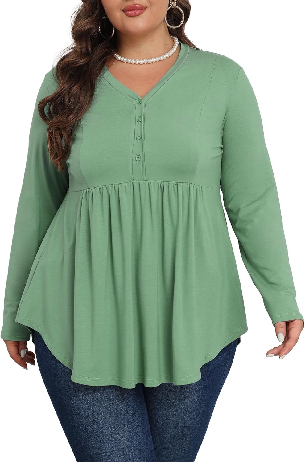 LOUSGUTA Womens Plus Size Tops Henley Shirts V Neck Button Tunic Tops Casual Long Sleeve Swing Flowy Blouse Loose Fit Blouse