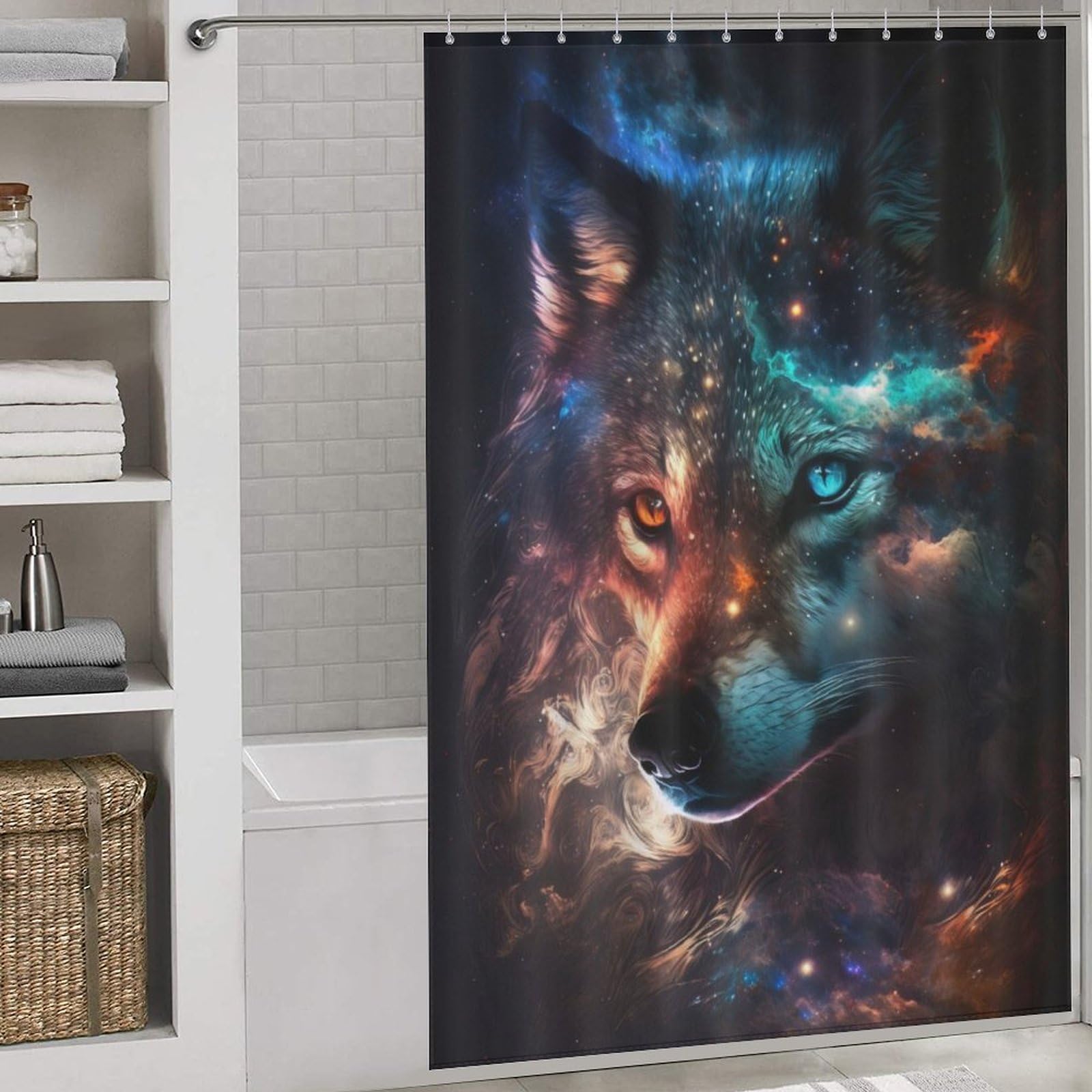Rideau de douche loup tissu polyester imperméable 152x183 cm avec anneaux de fixation