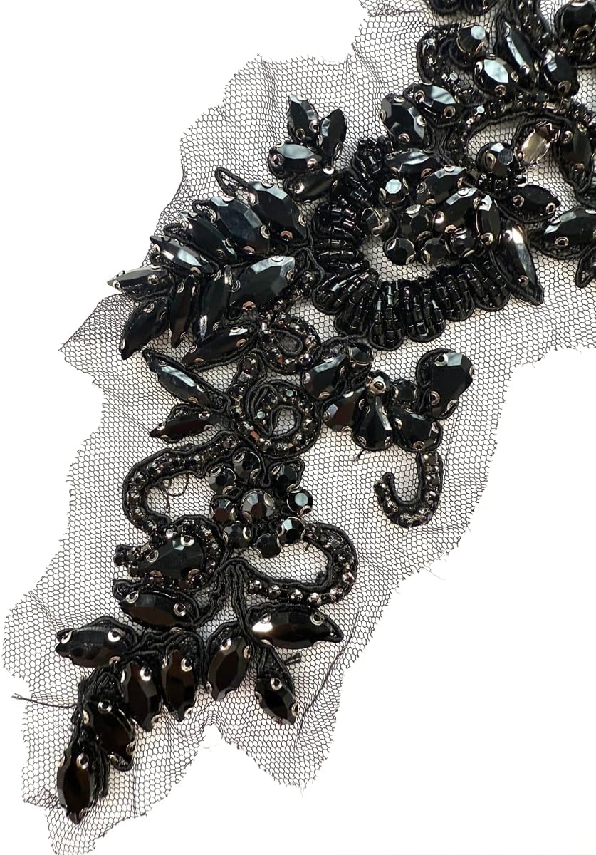 2PCS Rhinestones Beaded Shiny Applique patchs,Big Size Flowers Easy Cut to Smaller Pieces Applique for Clothing,Wedding Dress,Prom Dress and Other DIY Decoration (Black)