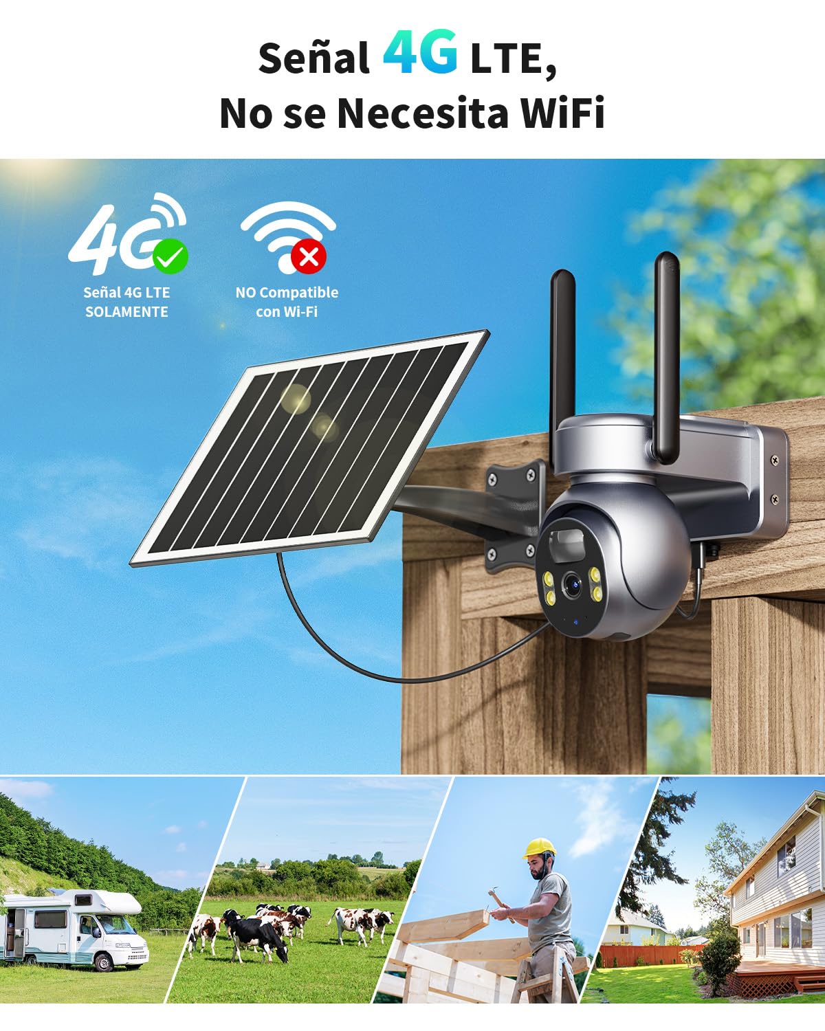 4G LTE Celular Cámara Vigilancia Exterior con Panel Solar y Tarjeta SIM, 2K HD Cámara Visión 360° con Batería PTZ, Visión Nocturna Colorida y Detección PIR Humana, Impermeable IP66