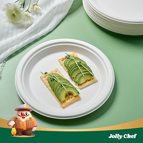 Miniatura 5 de JOLLY CHEF Platos 100% compostables resistentes de 10 pulgadas (paquete de 125) platos de papel blanco desechables ecológicos hechos de bagazo,