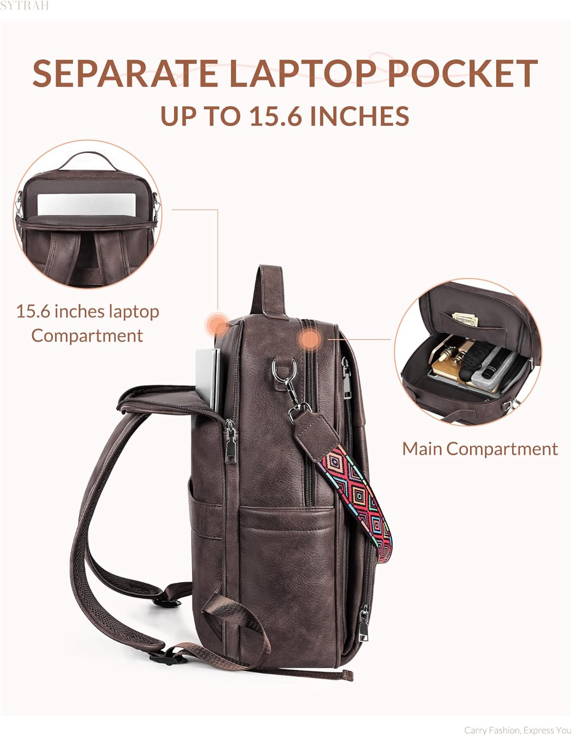 SYTRAH Leather Laptop Backpack, 15.6 Inch Business Computer Bag, Designer College Backpack Travel Backpack with Colorful Shoulder Bag Strap Dark Coffee