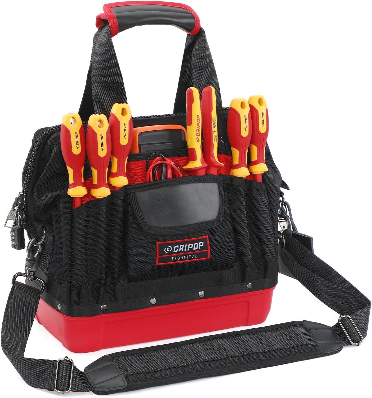 13 Inch Wide Mouth Tool Bag, Heavy Duty Tool Bag with Water Proof Molded Base, Tool Storage Bag for Men, Plumbers, Electricians, Handymen