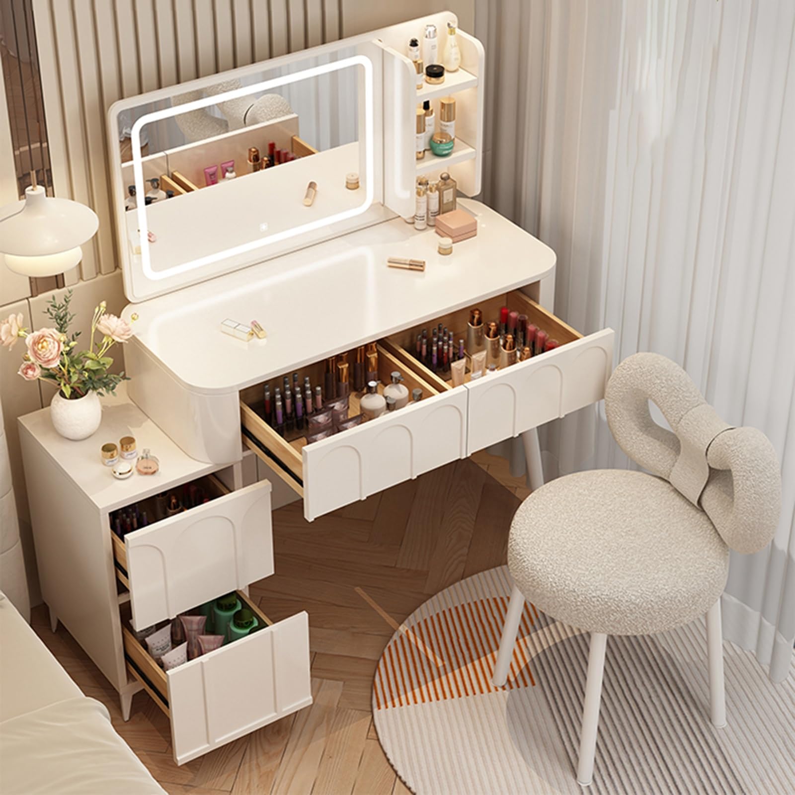 asdchZen Lighted White Vanity Set With Cushioned Stool, Large Makeup Table & Drawer Dresser For Bedroom & Makeup Room,Type-b-80cm/31.5in