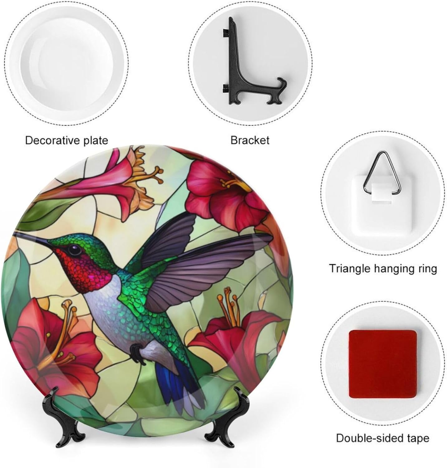 Hummingbird Theme Decorative Ceramic Plate Round Porcelain Plate,10 inch,Floral Stained Glass Pattern,for Decorative Ornaments Giving Plates,1 Plate with 1 Display Stand,Red Green