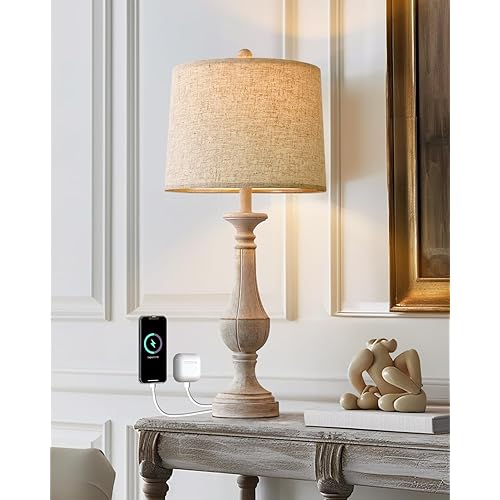 PoKat 27.25'' Table Lamp for Living Room with 2 USB Ports - Bedside Lamps for Night Stands, Farmhosue Nightstand Light Lamp, Mid Century Tall Lamp for Bedroom, Living Room, End Table, Distressed White