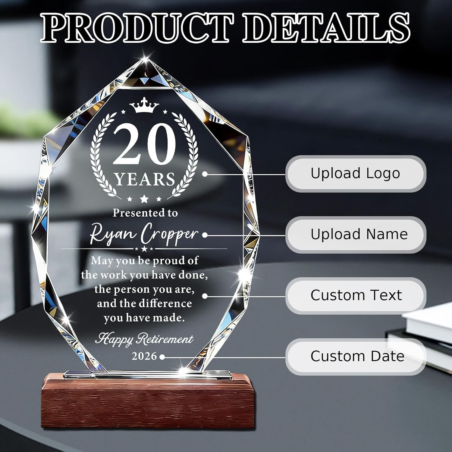 Custom Crystal Award Trophy - Personalized Trophy with Logo Text & Employee Name, Engraved Award for Corporate Recognition, Years of Service, Employee of Year Awards, Employee Appreciation Gifts