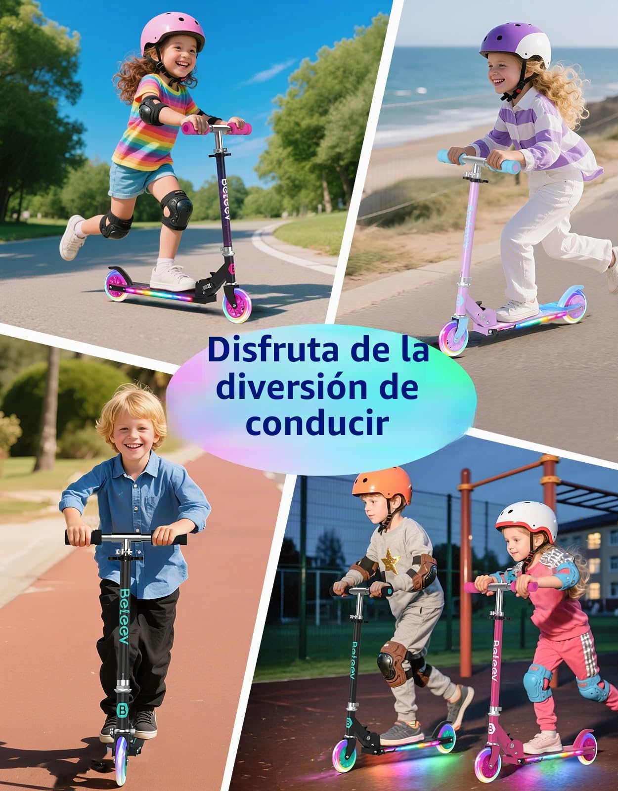 BELEEV V1Plus Patinete Niño Niña 3-12 Años, Plegable Patinete Infantil | con LED Luce Ruedas & Deck, 3 Altura Ajustable, Soportes, Cubierta Antideslizante, Ligero Marco Resistente, Scooter for Kid