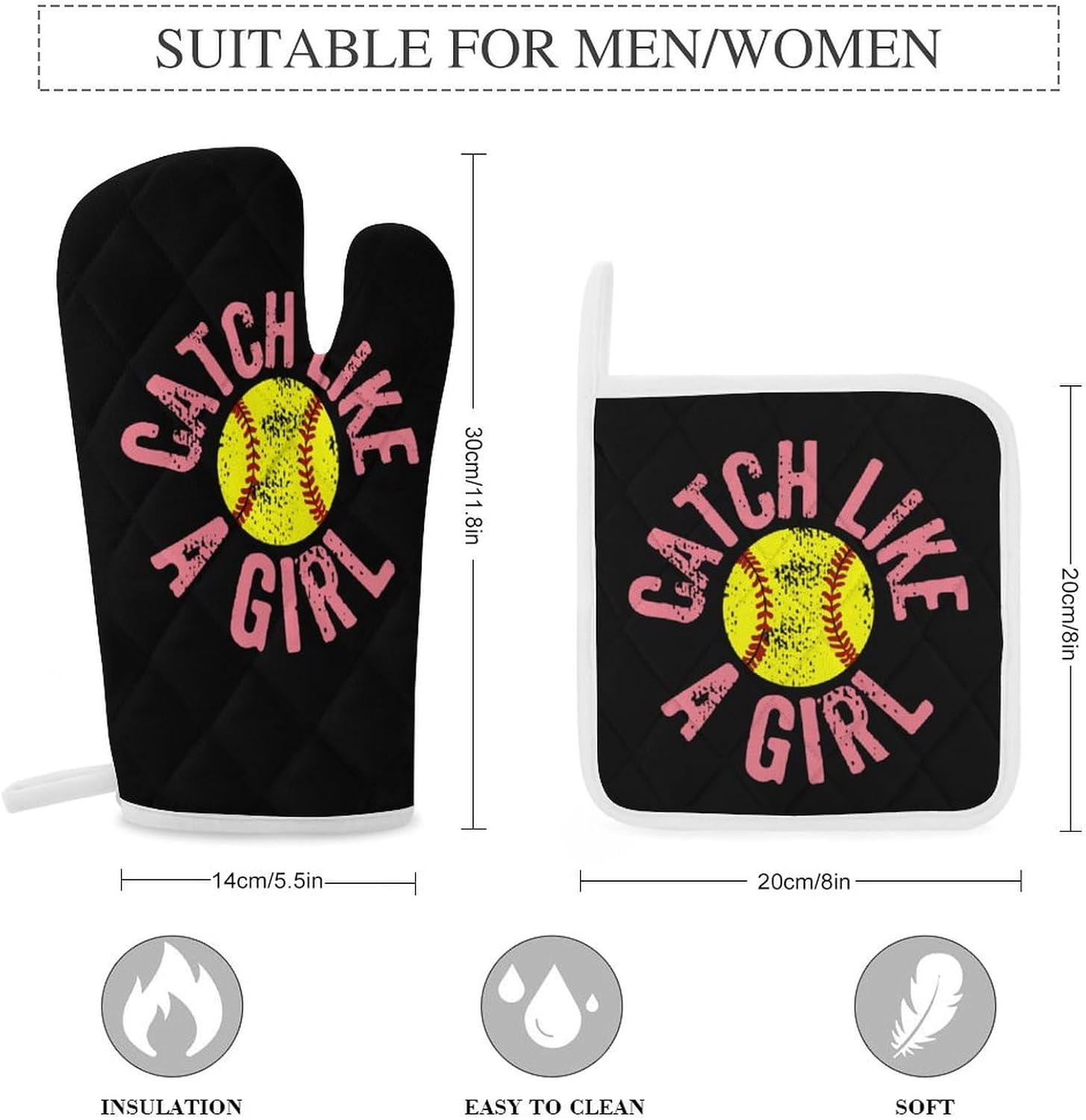 Catch Like A Girl Softball Print Oven Mitts and Pot Holders 3 Piece Sets Heat Resistant Gloves Hot Pads Potholders for Kitchen Baking Cooking
