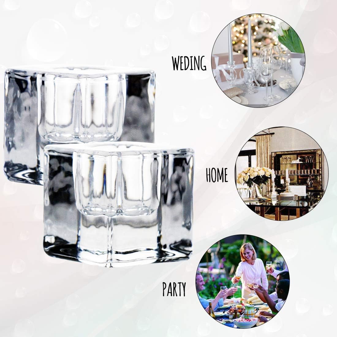 2PCS Square Glass Taper Candle Holders, Crystal Clear, Wedding & Dining