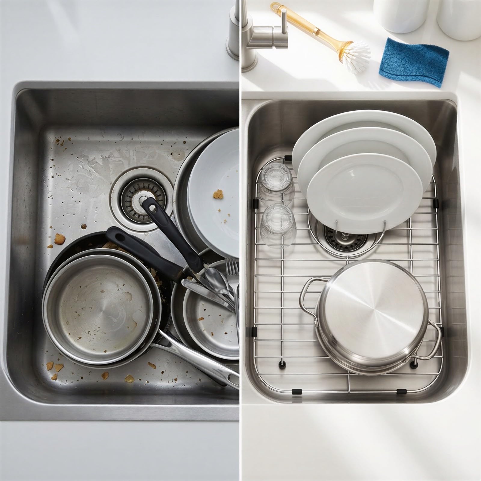 Griglia di protezione per lavello in acciaio inox, 33 x 30 cm, griglia in metallo con foro di scarico posteriore, piedini in silicone antiscivolo, griglia per lavello singolo