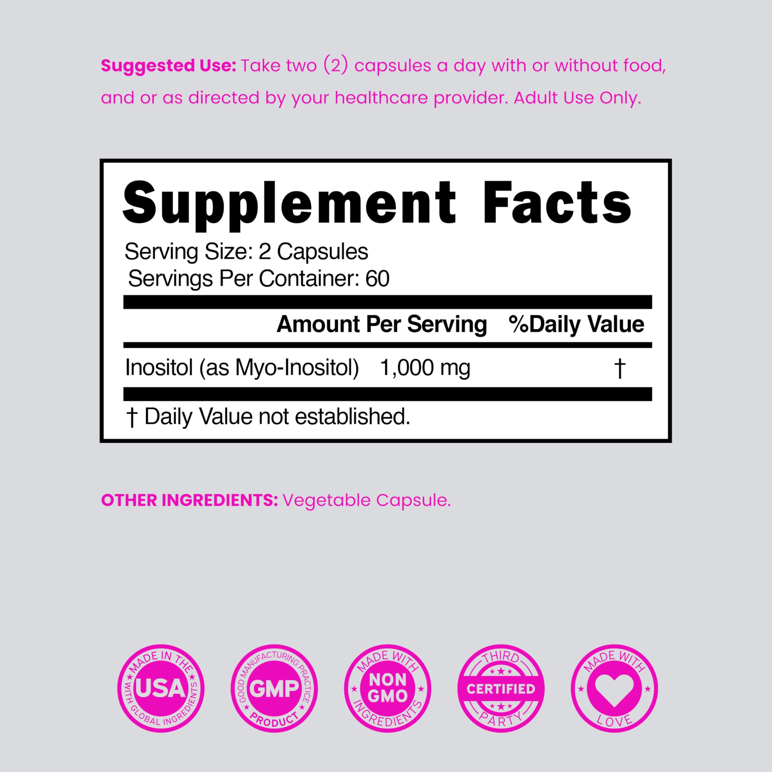 Inositol Capsules (Myo Inositol) (1000mg Per Serving 120 Capsules) Myo Inositol Supplement for Women Hormone Balance Support - Vegan Safe - Third Party Tested - Gluten Free & Made in USA (120 Count)