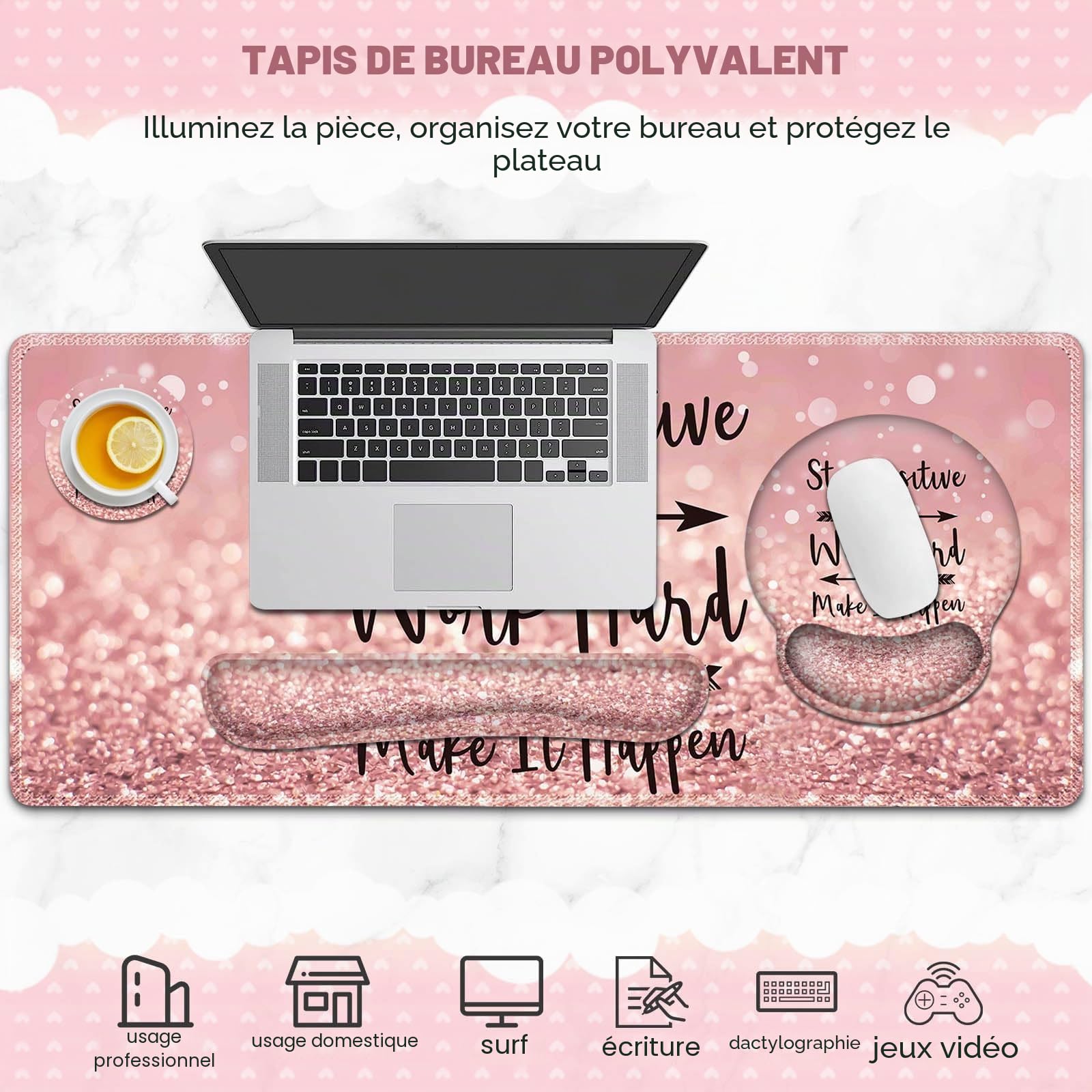 ToLuLu Tapis de souris XXL - Grand tapis de bureau avec support de poignet - Tapis de souris de jeu 4 en 1 + tapis de souris ergonomique avec repose-poignet + repose-poignet pour clavier + dessous de