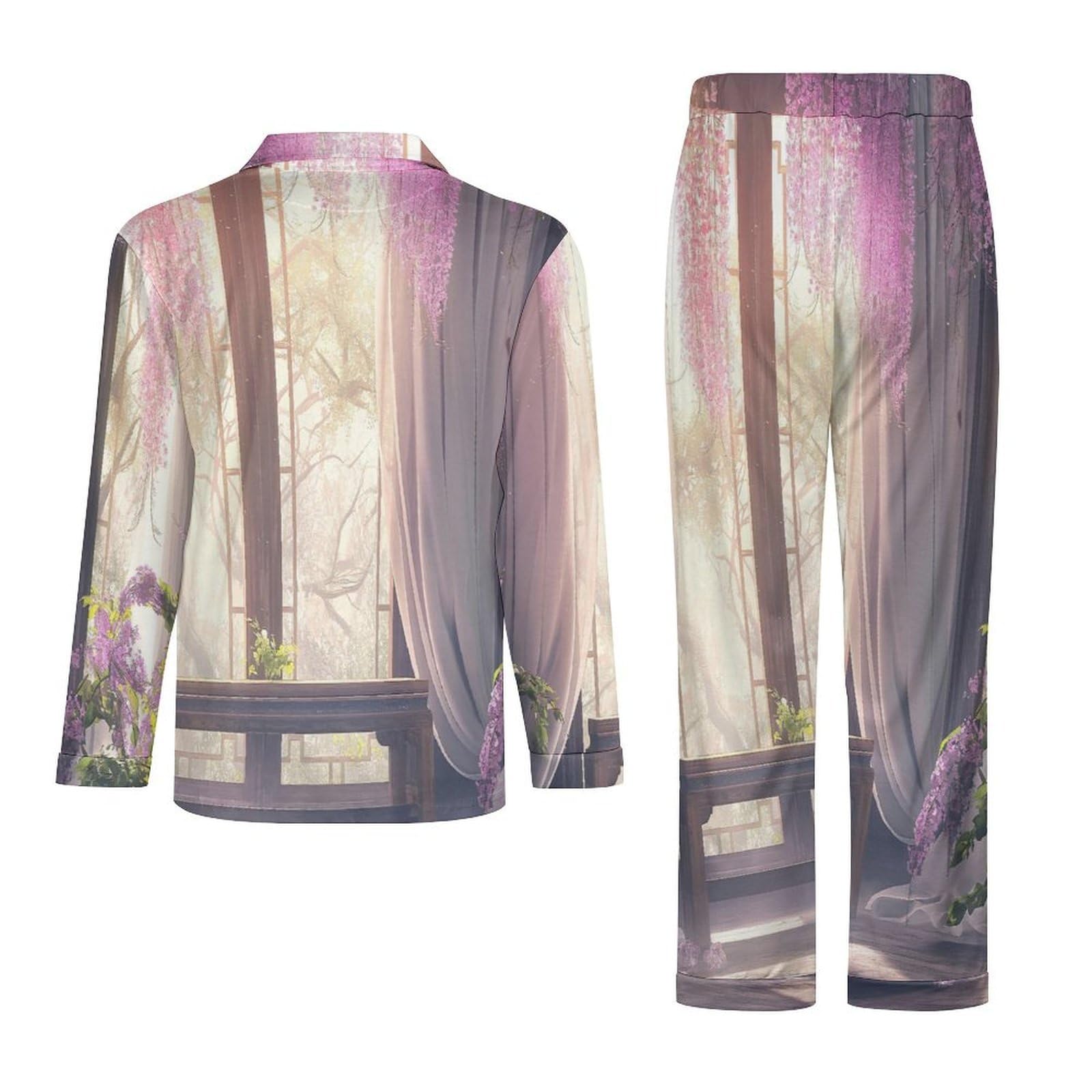 OLEETS Pigiama A Maniche Lunghe da Uomo - Vista dalla Finestra Top E Pantaloni in 2 Pezzi Pigiama Casual E Ampio A Maniche Lunghe Morbido Autunnale E Invernale.