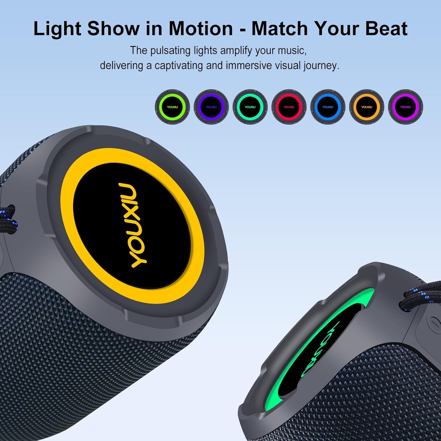 YOUXIU K1 speaker displaying a colorful light show, with various color options shown above