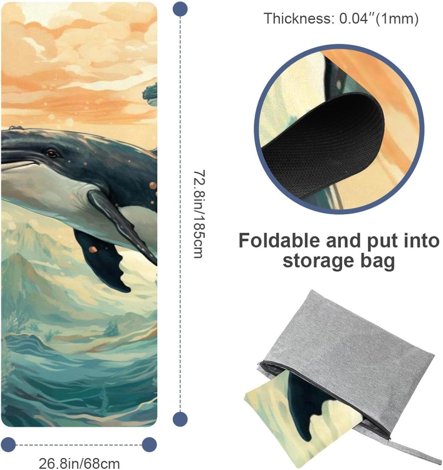 Yoga Towel, Whale Sea Pattern Non Slip Sweat Absorbent Hot Yoga Mat Towel for Hot Yoga, Pilates and Fitness - 72.8" x 26.8"