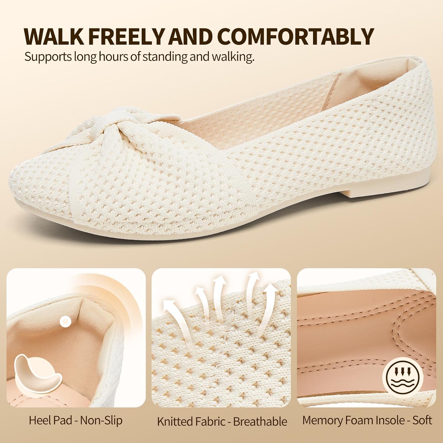 FINIWOR Ballet Flats for Women Breathable Slip On Shoes Cute Bow Flats Comfortable Memory Foam Shoes for Dressy Casual Work Daily Walking