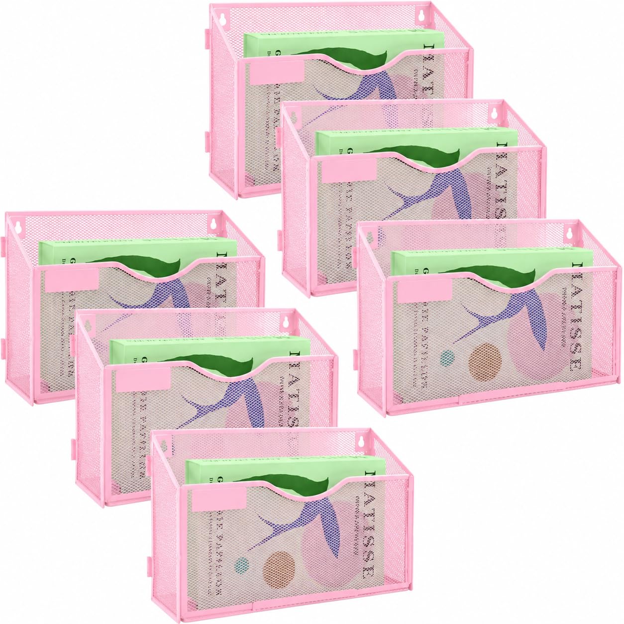 IOUGDSEC 6 Packs 1 Tier A4 Mesh in Tray Hanging Wall File Holder Magazine Document Holder Mail Organiser Magazine Storage Rack,Durable Metal Mesh Filing Storage, Pink