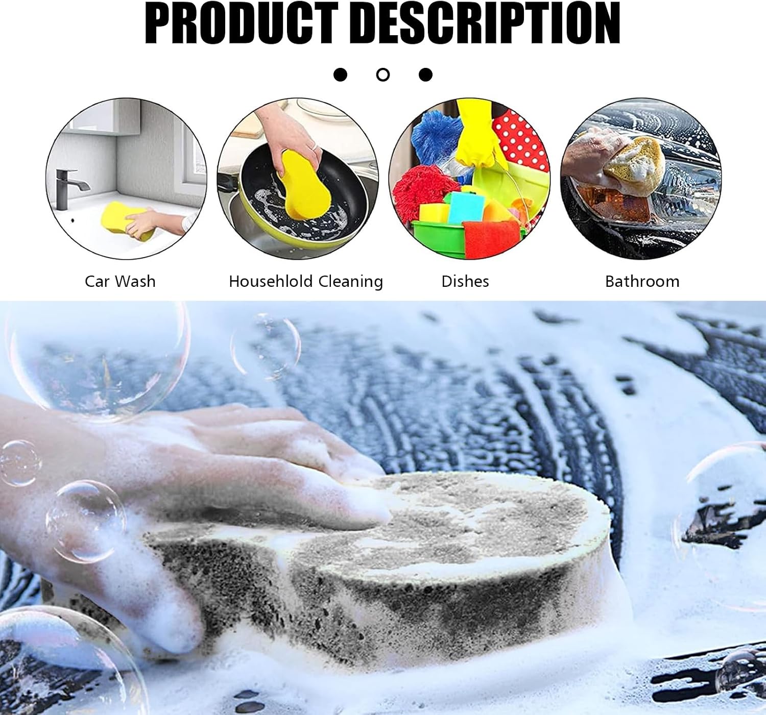 UGSHY 5 PCS Car Wash Sponge for Cleaning, 8.6In x 4.3In x 1.7In Vehicle Compressed Scrubber Kit, Universal Automotive Easy Grip Sponges for Motorcycle Bike Truck SUV Kitchen Dishes Bathroom (Black)