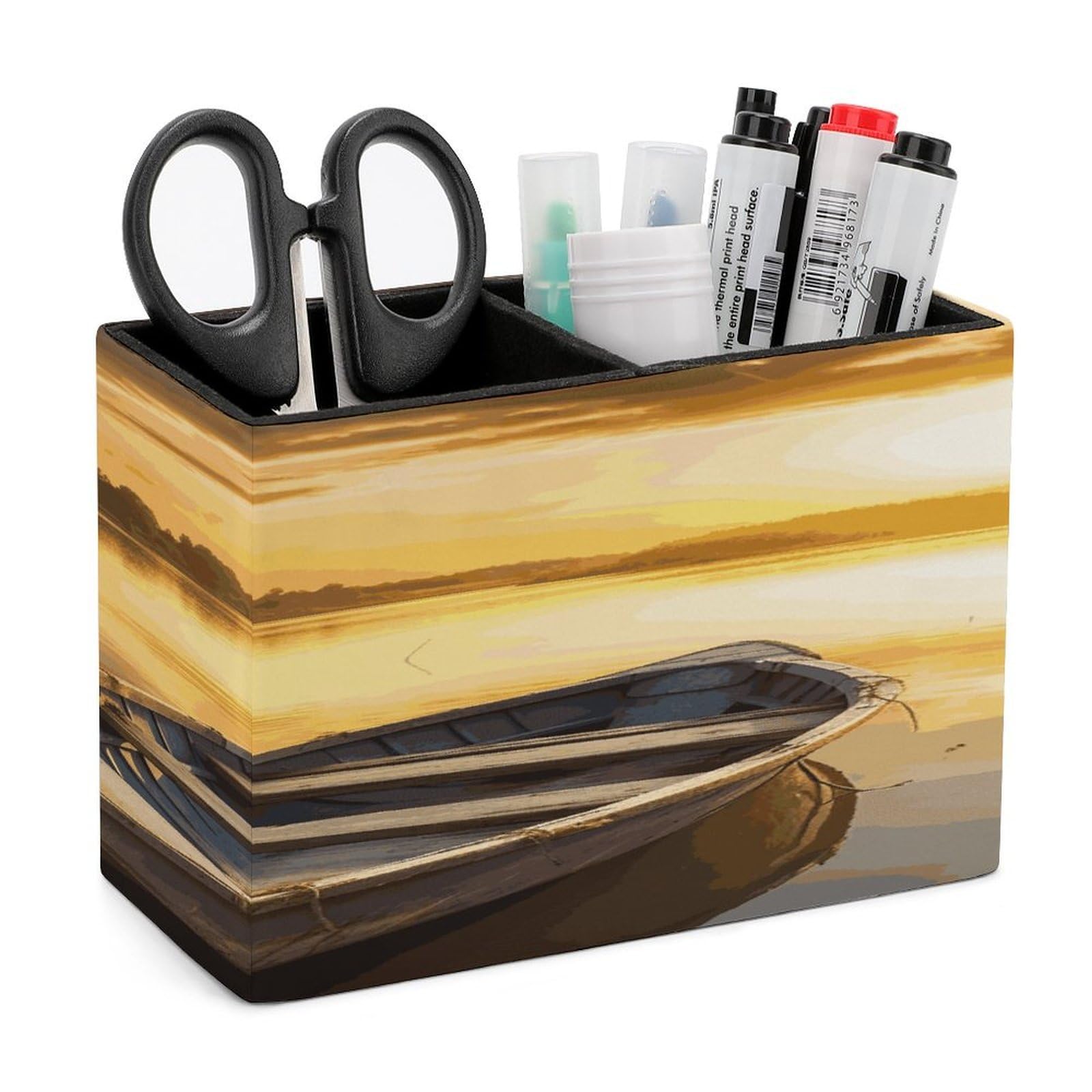 LDGSUPH River Sunset Wooden Boat Leather Pen Holder for Desk Organizer Caddy Large Pencil Cup Multi-function Pencil Holder Makeup Brush Holders Pen Organizer for Home Office Storage Box