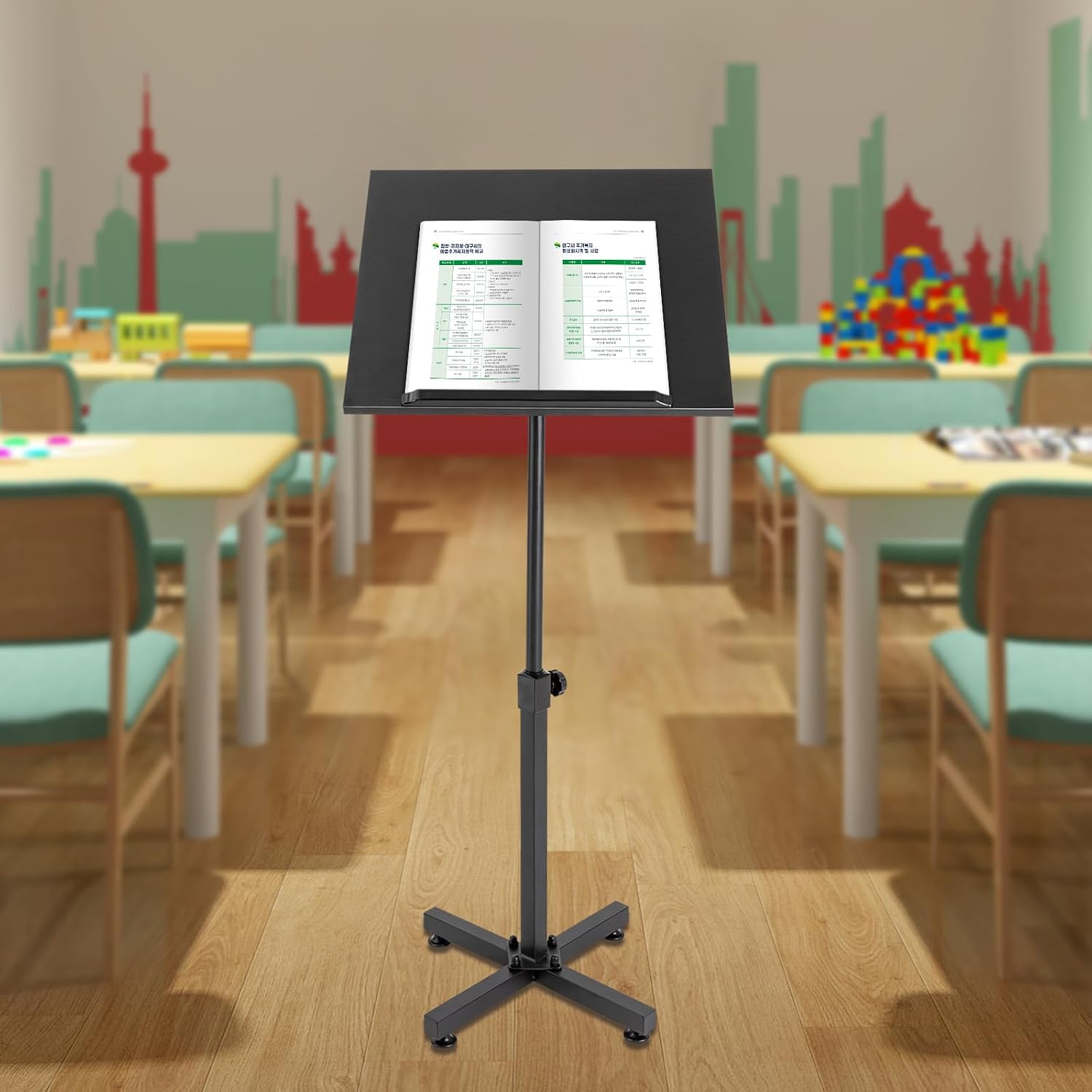 Classic Lectern Podium Stand, Height Adjustable Laptop Table, Portable Presentation Standing for Classroom, Office, Church, Tilting Desktop with Edge Stoppe (Black)