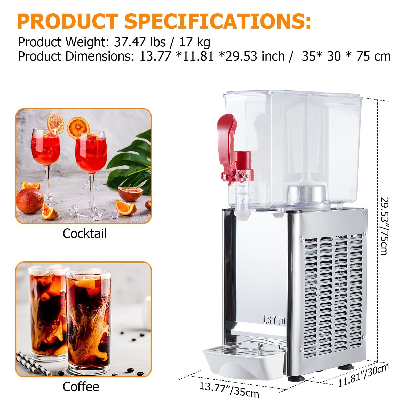 10L Commercial Beverage Dispenser with Temperature Control, 1 Tank 2.64 Gallon Large Capacity and Humanized Design - Stainless Steel Dispenser for Iced Tea, Cocktails, and More