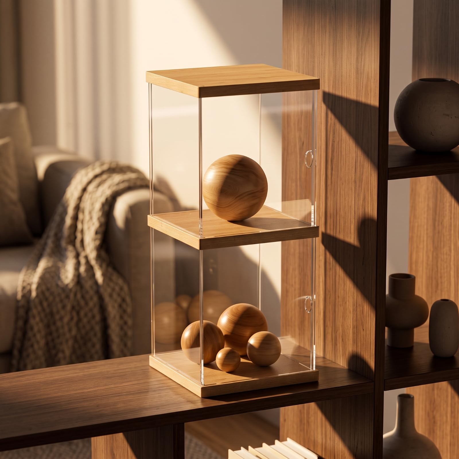 Espositore per Modellini Antipolvere, Espositore A Due Livelli con Struttura in Legno E Pannelli Trasparenti, Altezza 365 Mm
