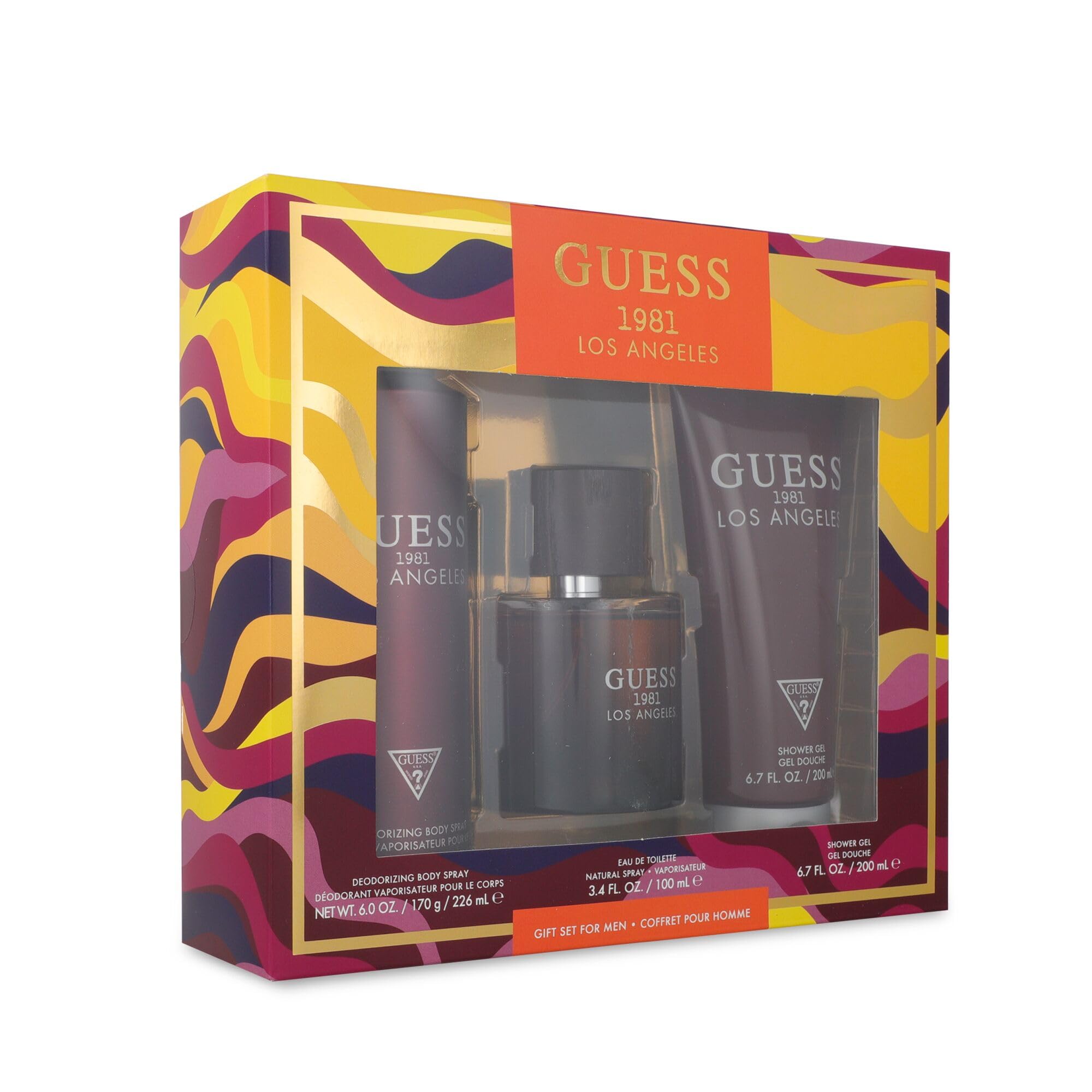 GUESS 1981 LOS ANGELES FOR MEN - Set da 3 flaconi da 100 ml, deodorante spray da 226 ml, gel doccia da 200 ml