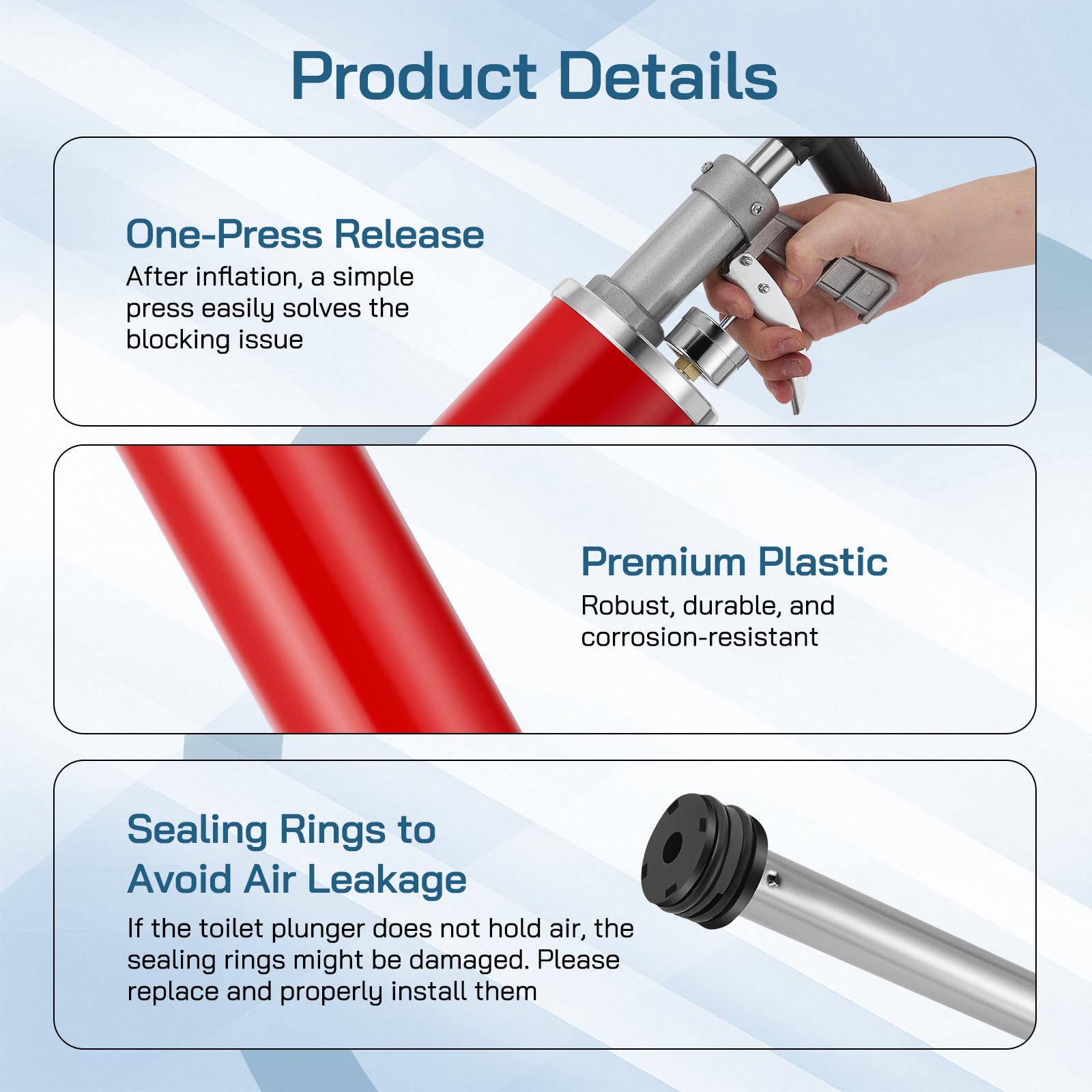 Desatascador Tuberias a Presion con indicador de presión de aire, desatascador de inodoros con 2 ventosas, limpiador de tuberías con aire comprimido para lavabos, baños, duchas y cocinas - 5