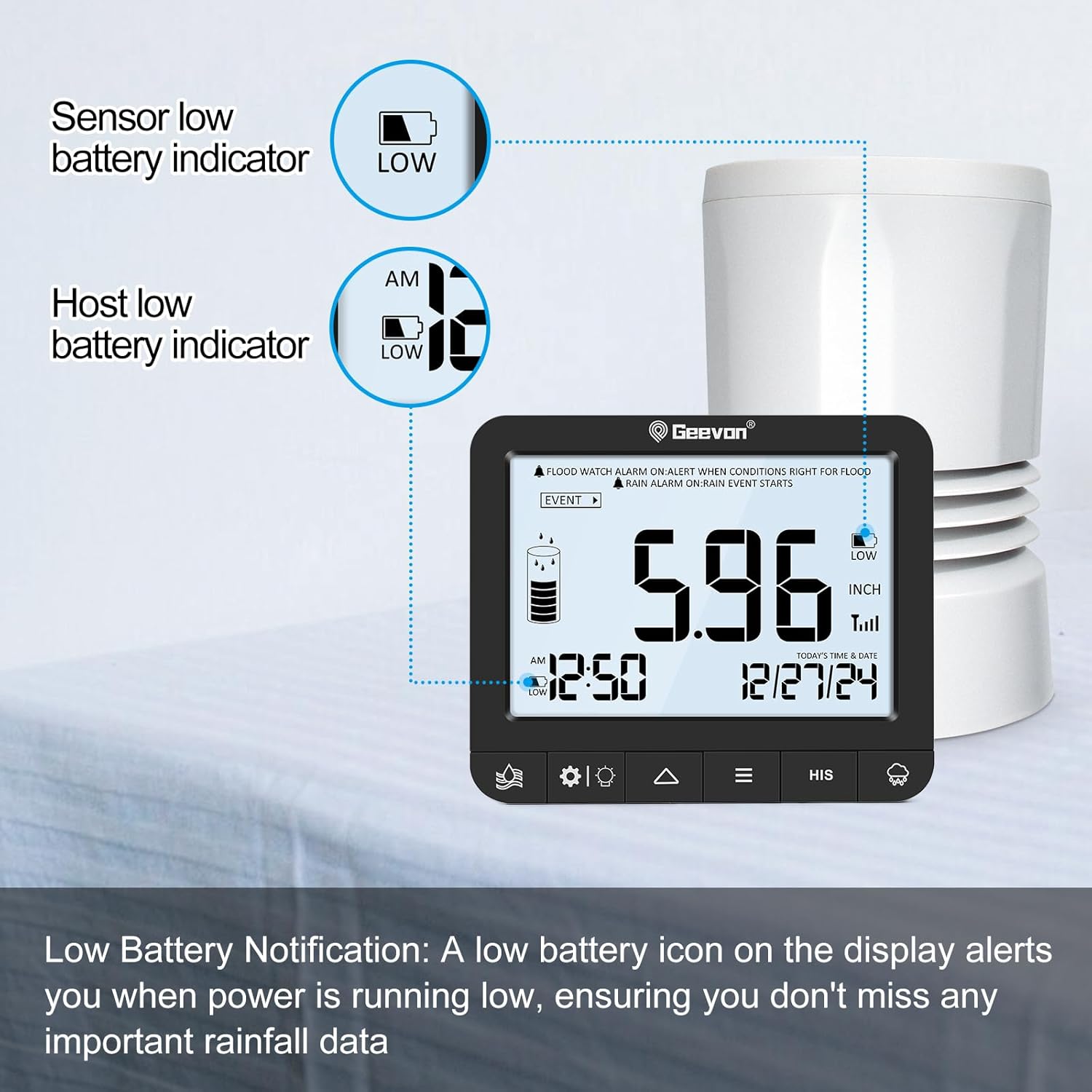 Geevon Digital Rain Gauge Outdoor, Self-Emptying Rain Collector with Alerts, Low Battery Warning Icon, Rainfall History and Current Date and Time, Suitable for Gardens, Farmland and Other Scenes - Image 3