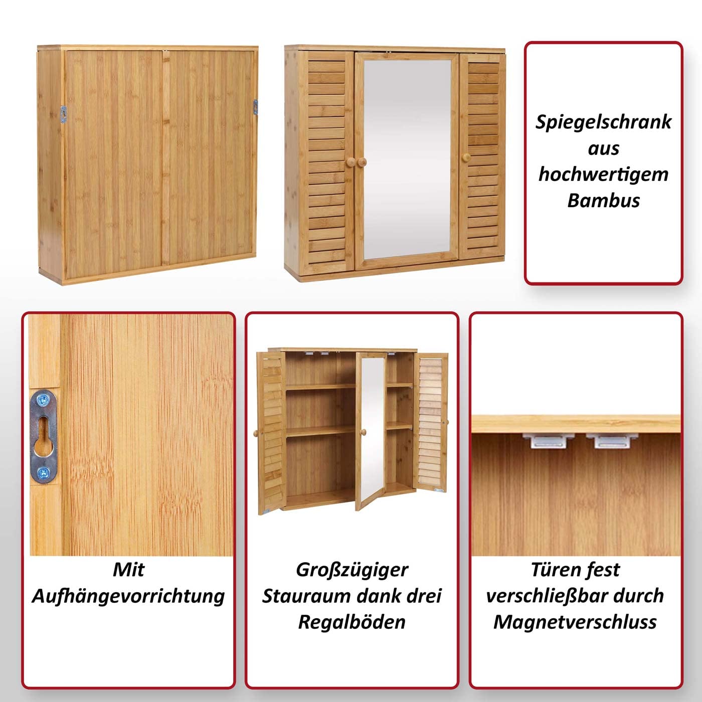 Mendler Szafka z lustrem HWC-B18AM, szafka z lustrem łazienkowym, szafka wisząca, 3 półki, 3 drzwi, lustro bambusowe, 60 x 60 x 15 cm