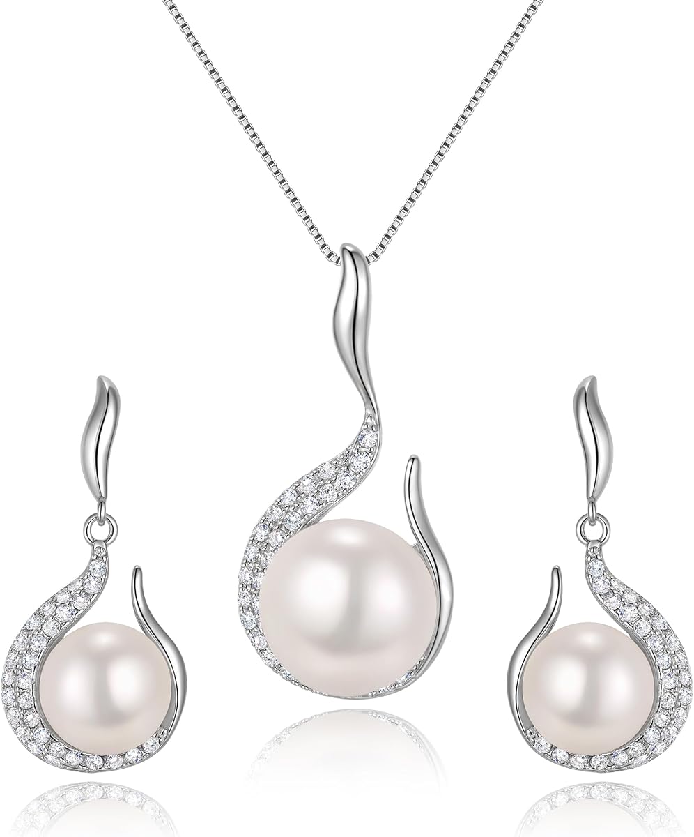 EVER FAITH 925 Sterling Silver CZ AAA Freshwater Cultured Pearl Flower Bud Necklace Earrings Set