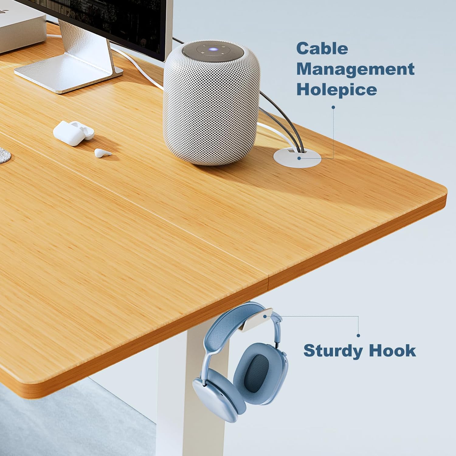 DUMOS Electric Standing Desk with cable management hole and sturdy hook