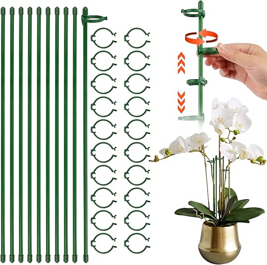 40CM Garden Plant Support Stakes with Clips, Garden Fiberglass Green