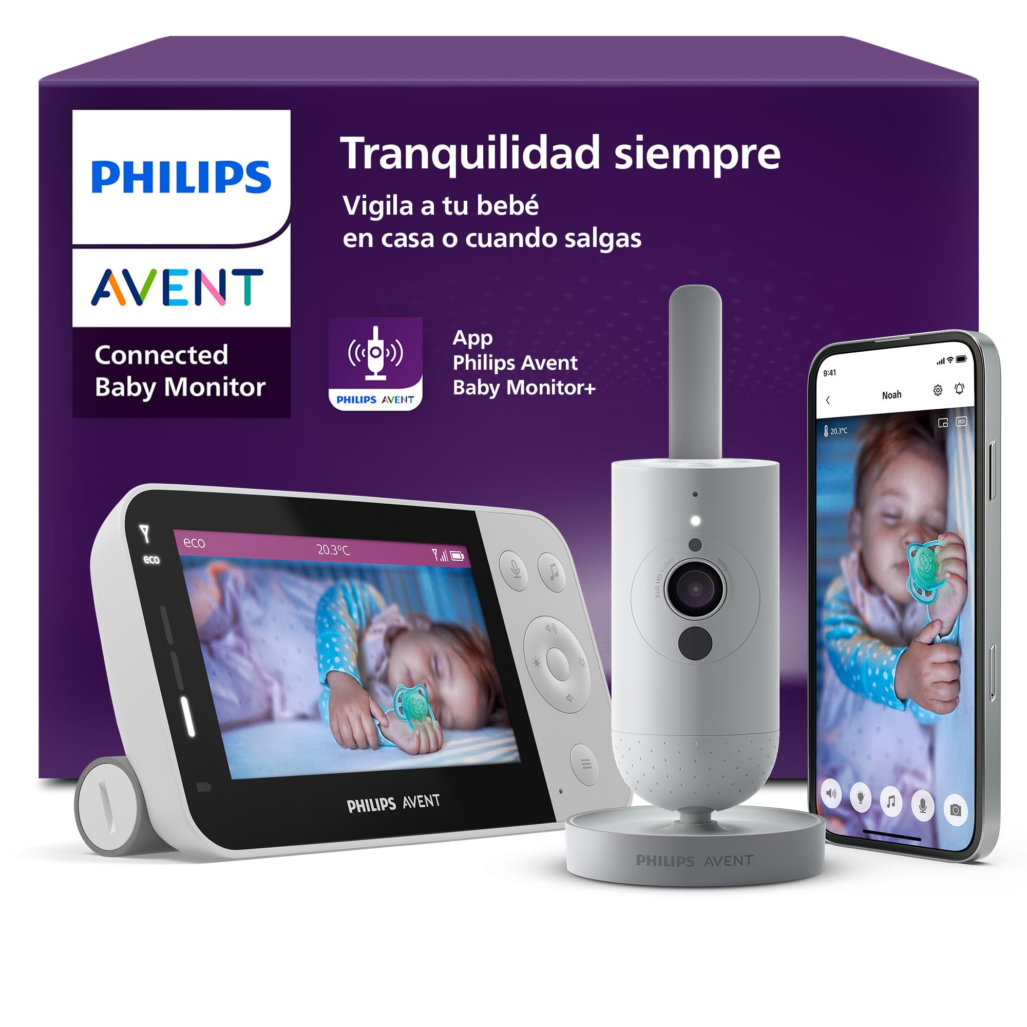 PHILIPS Avent Vigilabebés Conectado con Wi-Fi, cámara HD de Calidad, visión Nocturna por Infrarrojos, detección de llanto, Audio bidireccional, Tiempo de detección de 12 Horas en Modo Eco