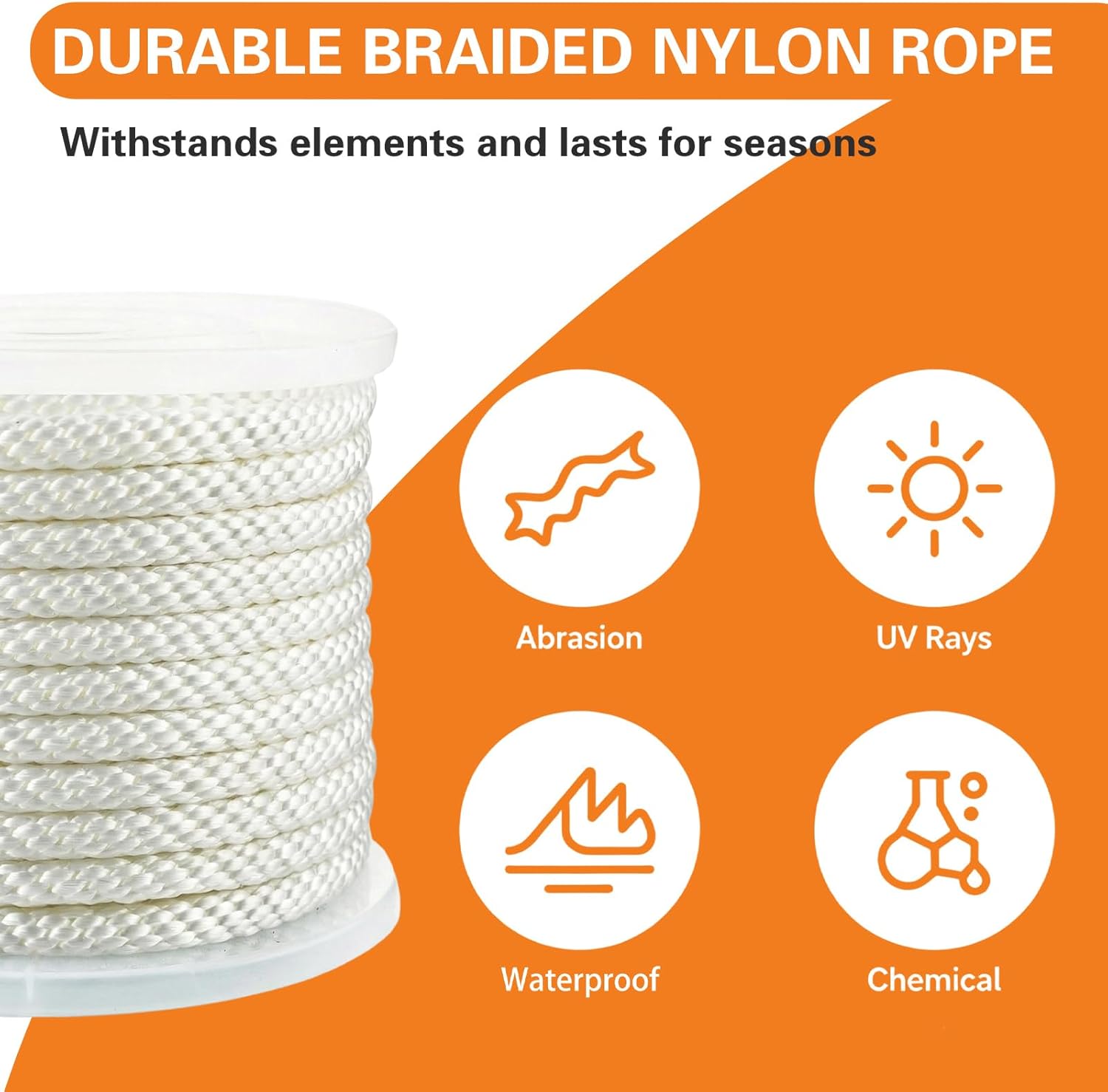 1/2 Inch Nylon Solid Braided Rope 100Ft, Wearproof, high UV & Abrasion Resistant, Multipurpose Rope for Swings, Marine and Outdoor Twine, Flag Line, Dog Leashes, Clothes Line-White