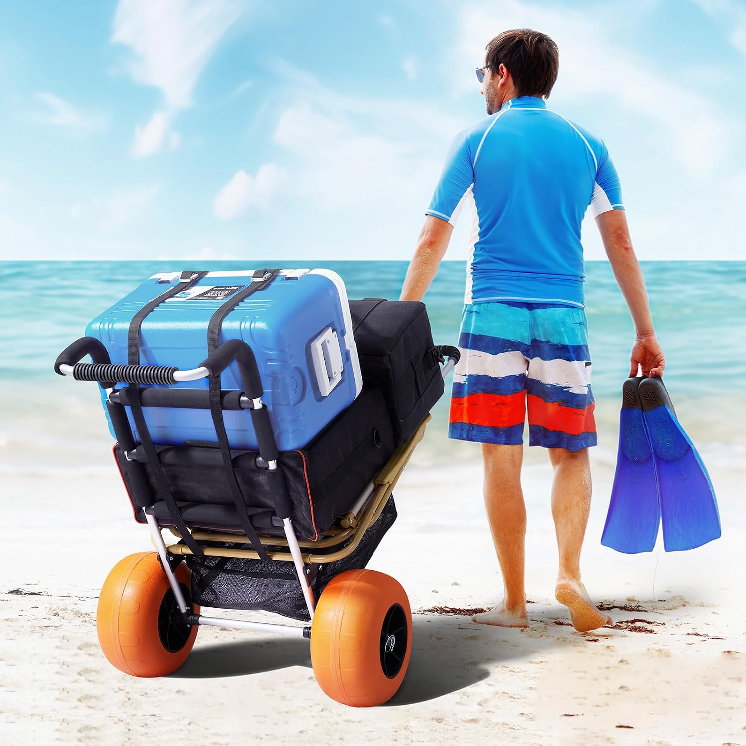 VEVOR Beach Dolly with Big Wheels for Sand, 29.9" x 15.4" Cargo Deck, w/ 12" Solid Wheels, 165LBS Loading Capacity Folding Sand Cart & 27" to 44.7" Adjustable Height, Heavy Duty Cart for Beach