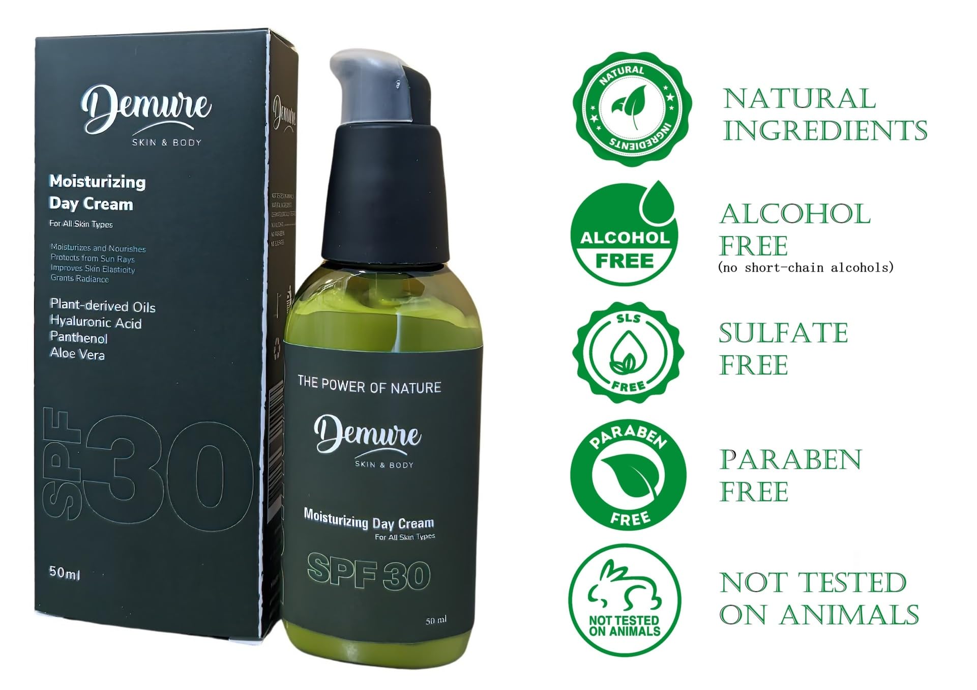 Demure Moisturising Day Cream SPF 30, Hyaluronic Acid, Panthenol Provitamin B5, Vitamin E, Aloe Vera, Sea Buckthorn - Image 3