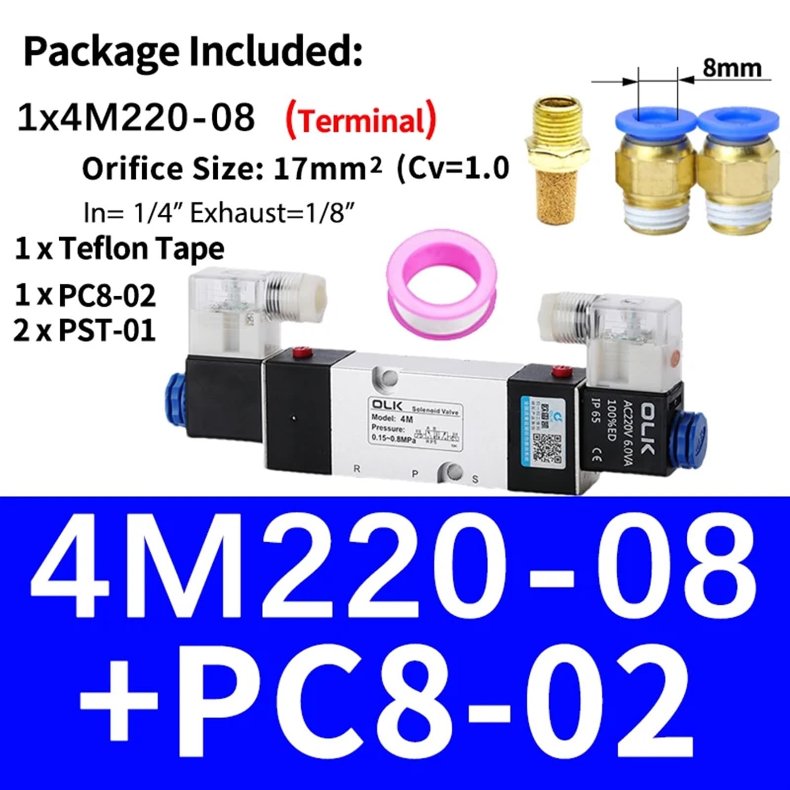 1 szt. 4M220-08 4M320-10 4M420-15 Zawór elektromagnetyczny 2 pozycje 5 drzwi Zawory pneumatyczne DC12V DC24V AC110V AC220V Podwójna cewka Rozmiar: AC24V(4M220-08 PC8-02,AC110V) V)