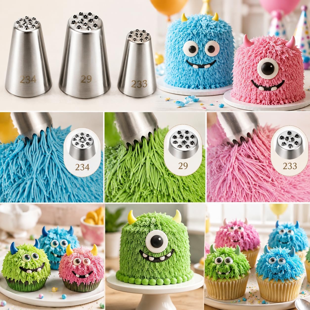3 Pack Stainless Steel Seamless Piping Icing Tips 29 233 234, Large Grass Piping Nozzle, Cake Decorating Tools for Cupcake Baker