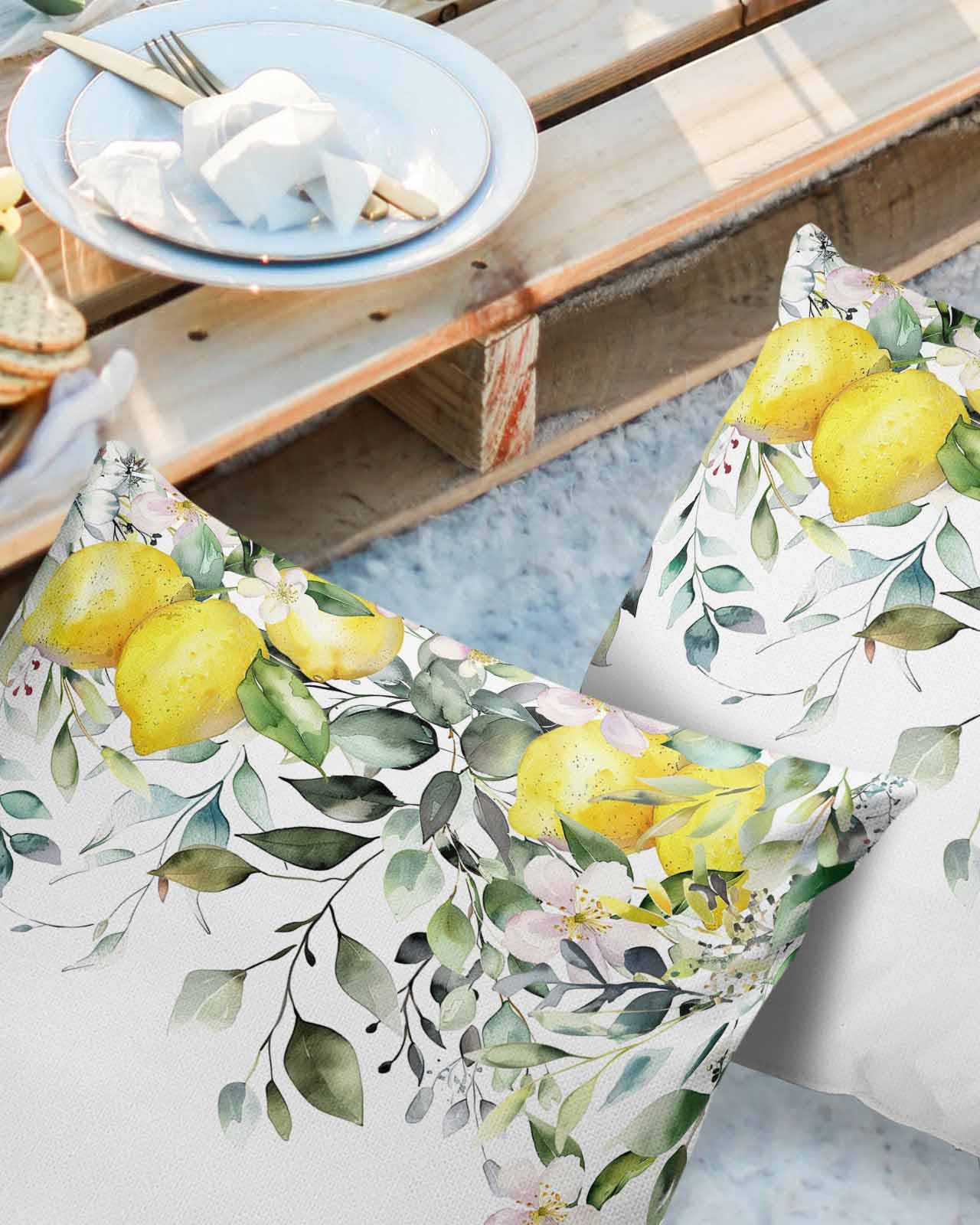 Summer Lemon Waterproof Outdoor Throw Pillow Covers 24''x24'' Pack 2, Pillow Cases Throw Cover with Hidden Zipper Spring Floral Eucalyptus Leaves Botanical Washable Pillowcase for Poolside Sofa