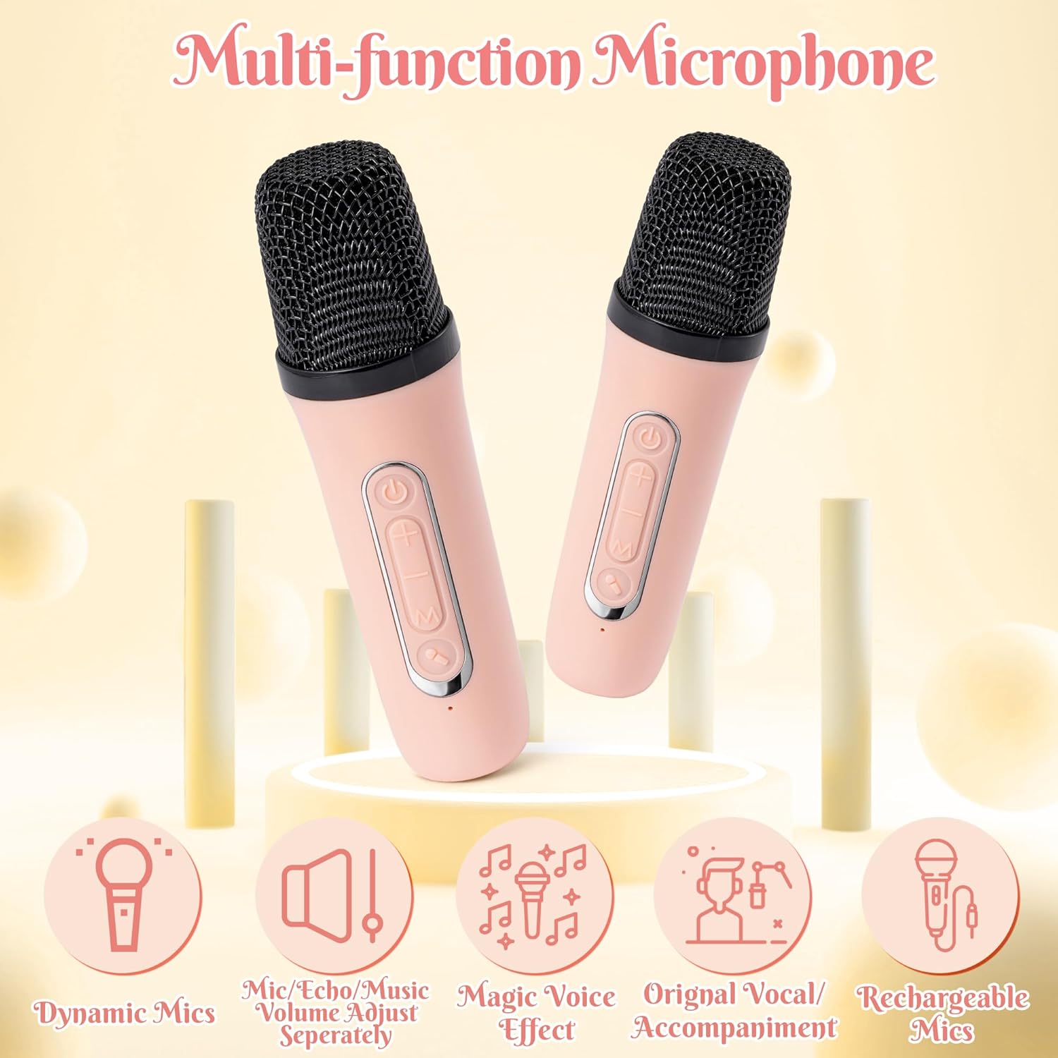 MALLMALL6 Mini Karaoke Machine with 2 Wireless Microphone for Kids Portable Bluetooth 5.3 Karaoke Mic LED Color Lights Speaker Christmas Birthday Family Home Party Toys Gift for Boys Girls Pink - Image 4
