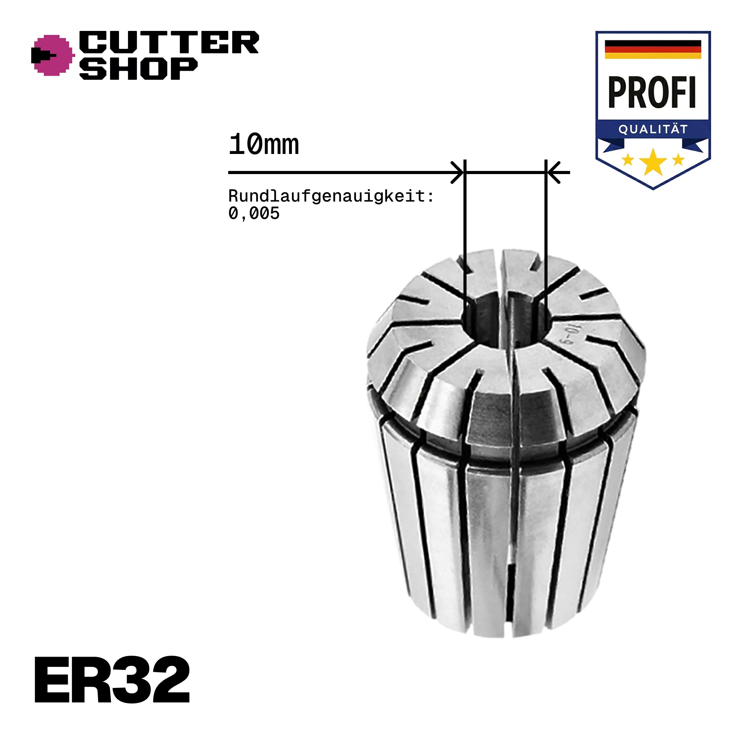 Pinza de sujeción ER32 para CNC y fresadoras – Clase de precisión 3A (concentricidad ≤0,005 mm), acero para muelles | ER32 – d10 mm