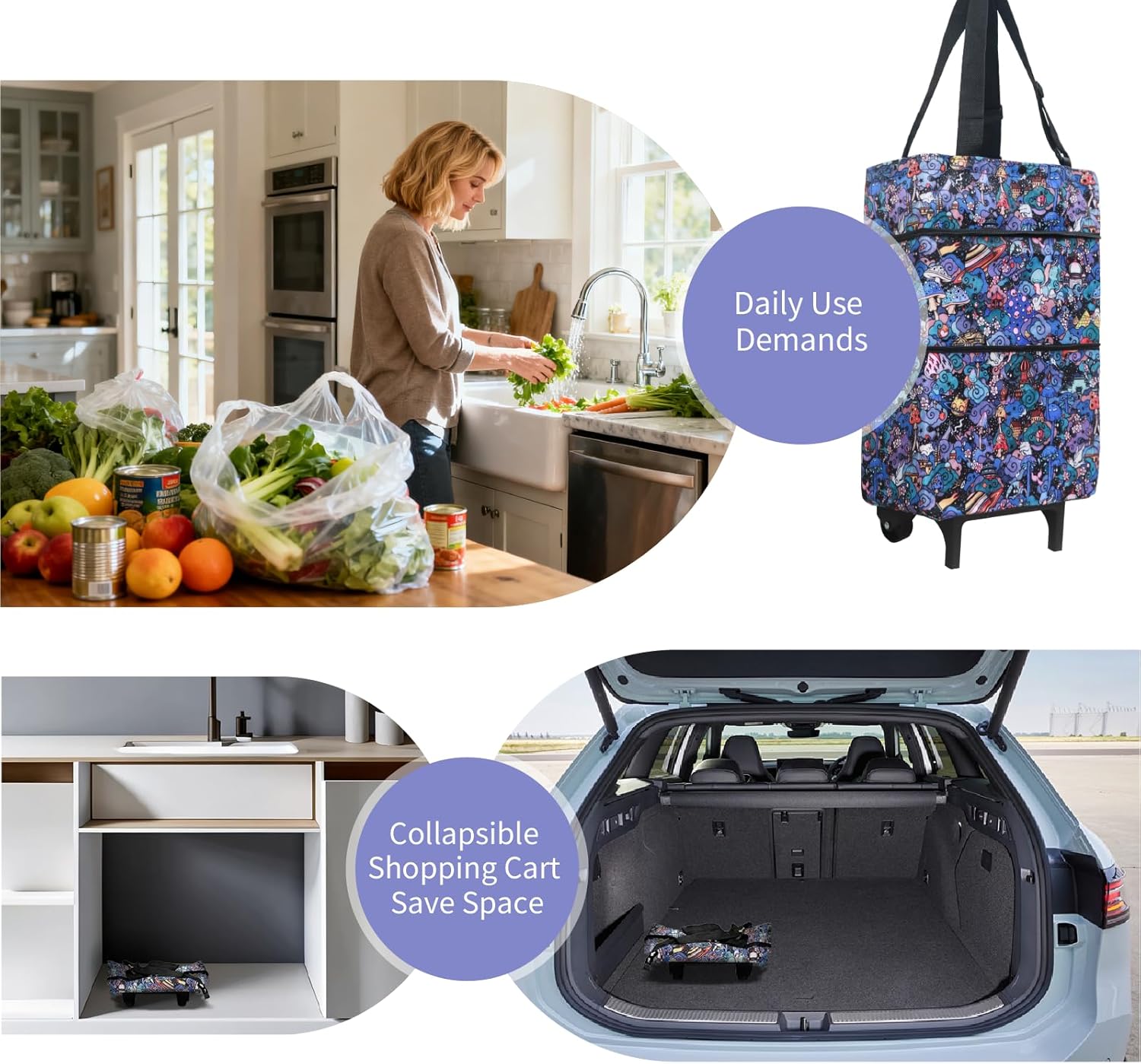 Folding Shopping Bag with Wheels, Small Rolling Folding Grocery Cart on Wheels, Collapsible Wheeled Portable Rolling Tote Bag for Groceries Shopping Cart