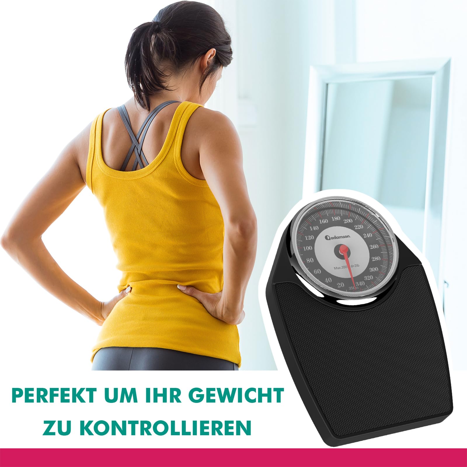 Adamson A24 Analogwaage - NEU - bis 350lbs, rutschfeste Gummioberfläche, extra große Ziffern, hochpräzise Personenwaage Analog, langlebig, 20-Jahre Support für Haushalt, Schlafzimmer, Bad - Schwarz
