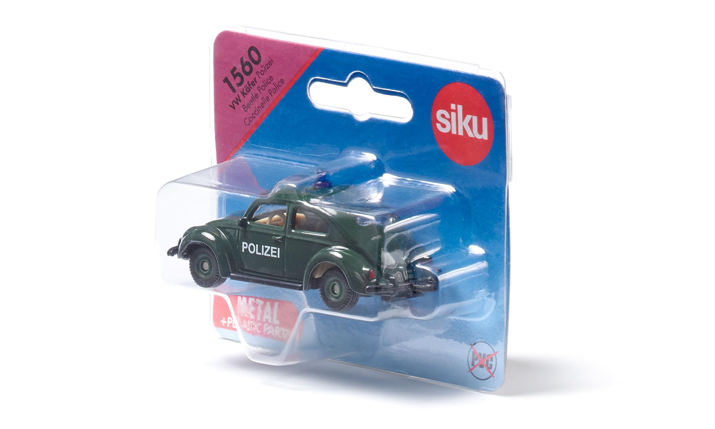 Siku 1560, VW Maggiolino della Polizia, Auto Giocattolo, Metallo/Plastica, Verde Scuro, Auto Giocattolo per Bambini, Pneumatici Gommati, Con Luce sul Tettuccio