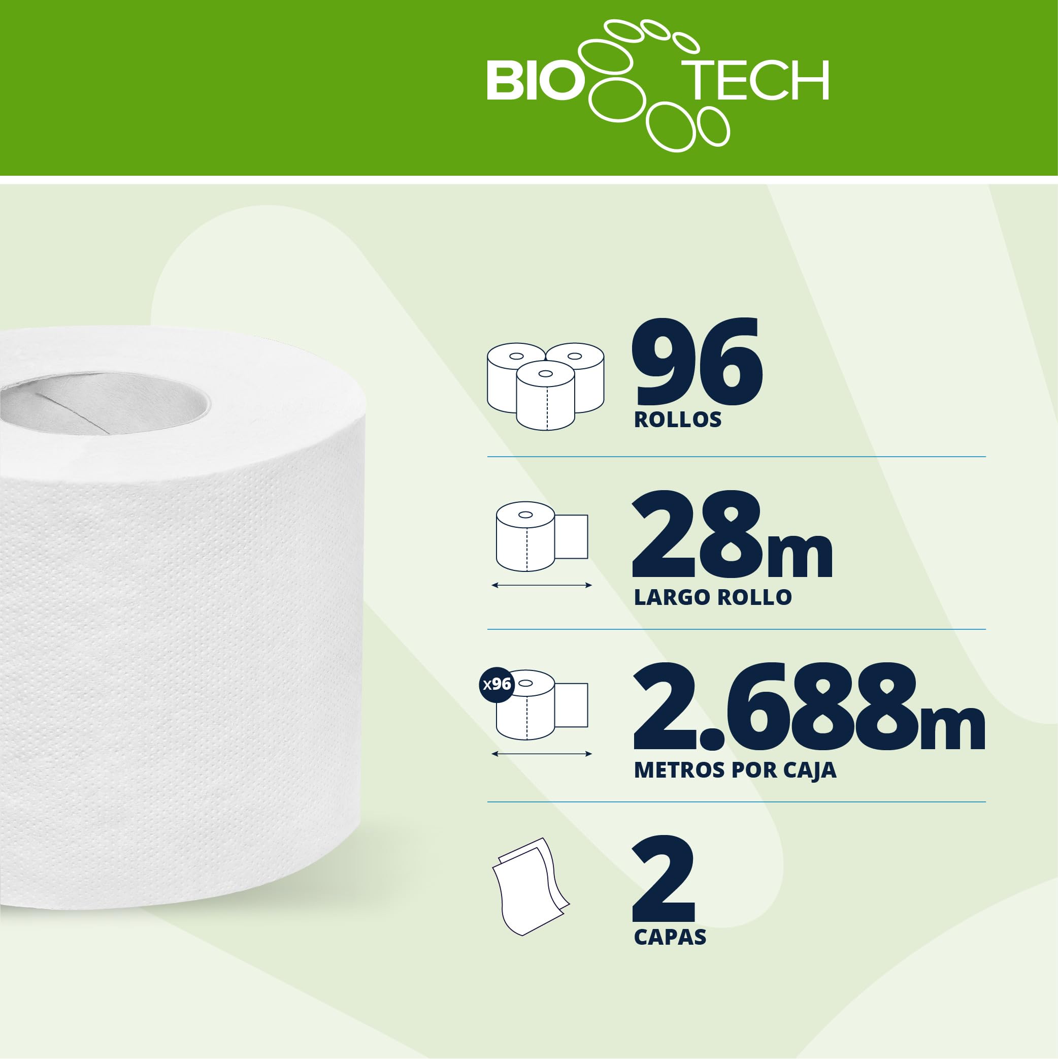 Papernet Papel Higiénico Bio Tech (409040), 24 Paquetes x 4 Rollos, 2 Capas | 96 Rollos en Total, 250 Hojas por Rollo, Celulosa Pura, 9,5 x 11 cm, Certificado EU Ecolabel, Blanco