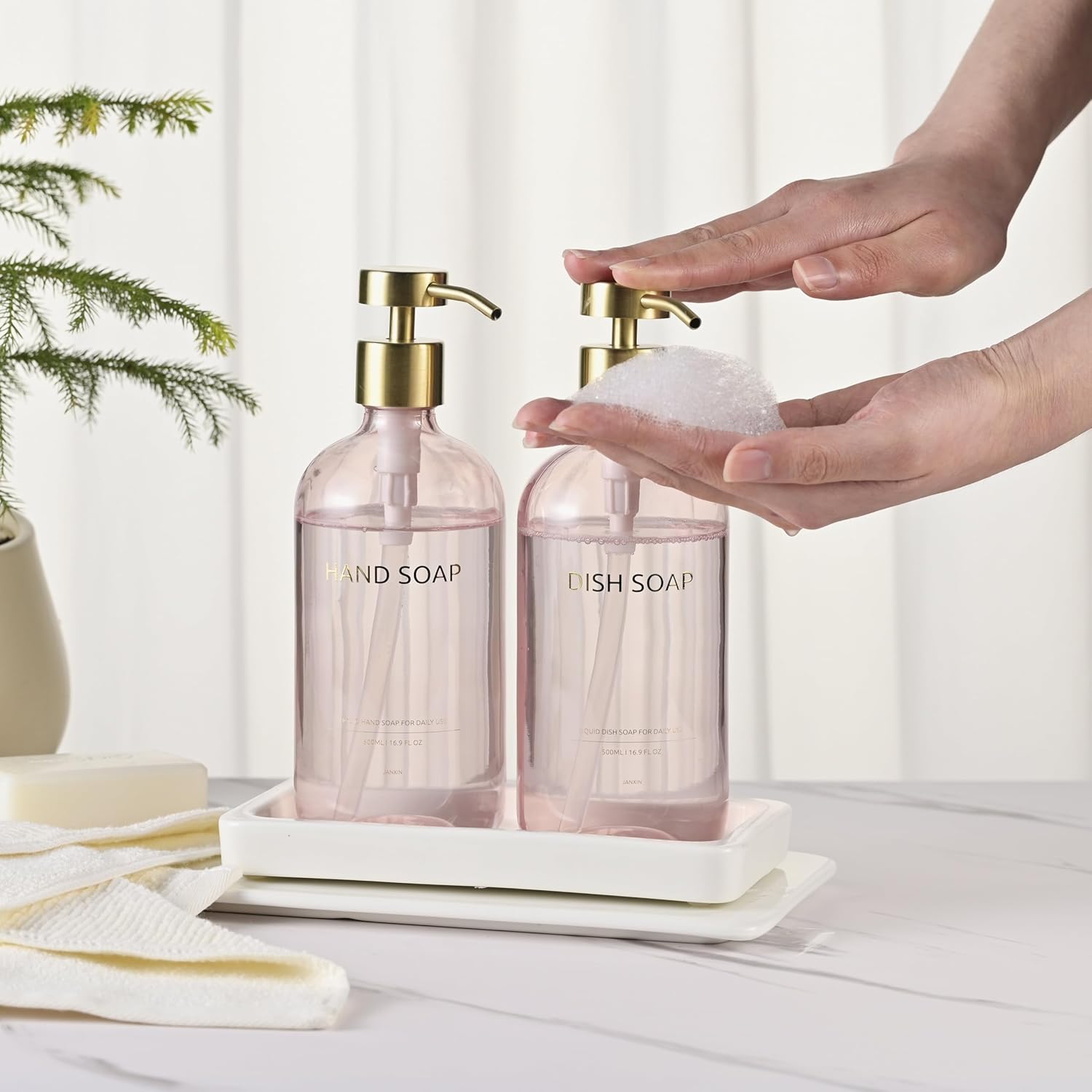 Glass Kitchen Soap Dispenser Set with Ceramic Tray,16.9 floz Hand and Dish Soap Dispenser for Kitchen and Bathroom Decor (Pink Bottles + Gold Pumps)