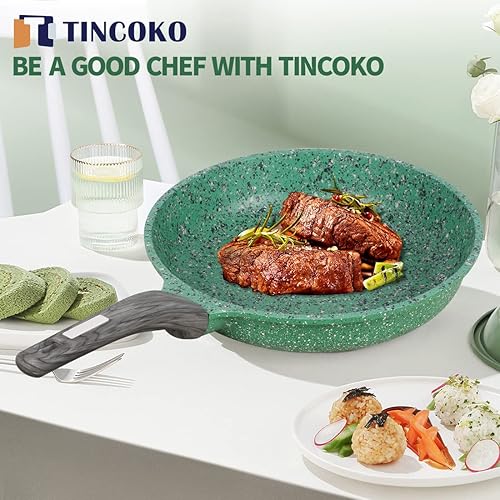 Miniatura 6 de TINCOKO Sartén antiadherente con tapa  Sartén antiadherente con revestimiento de granito verde de 11 pulgadas, utensilios de cocina de aleación de