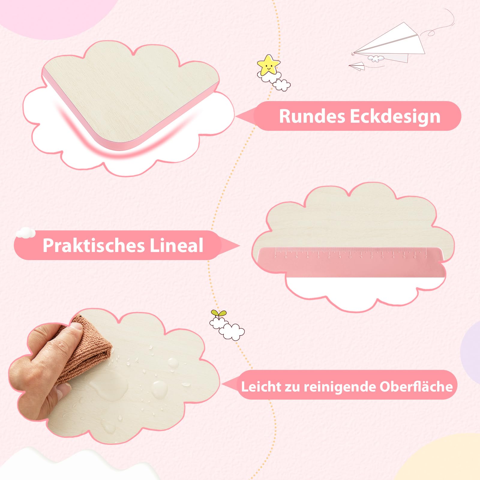 COSTWAY Kinderschreibtisch höhenverstellbar mit neigbarer Tischplatte, Regalen & Schublade, für 3-12 Jahre (Rosa)